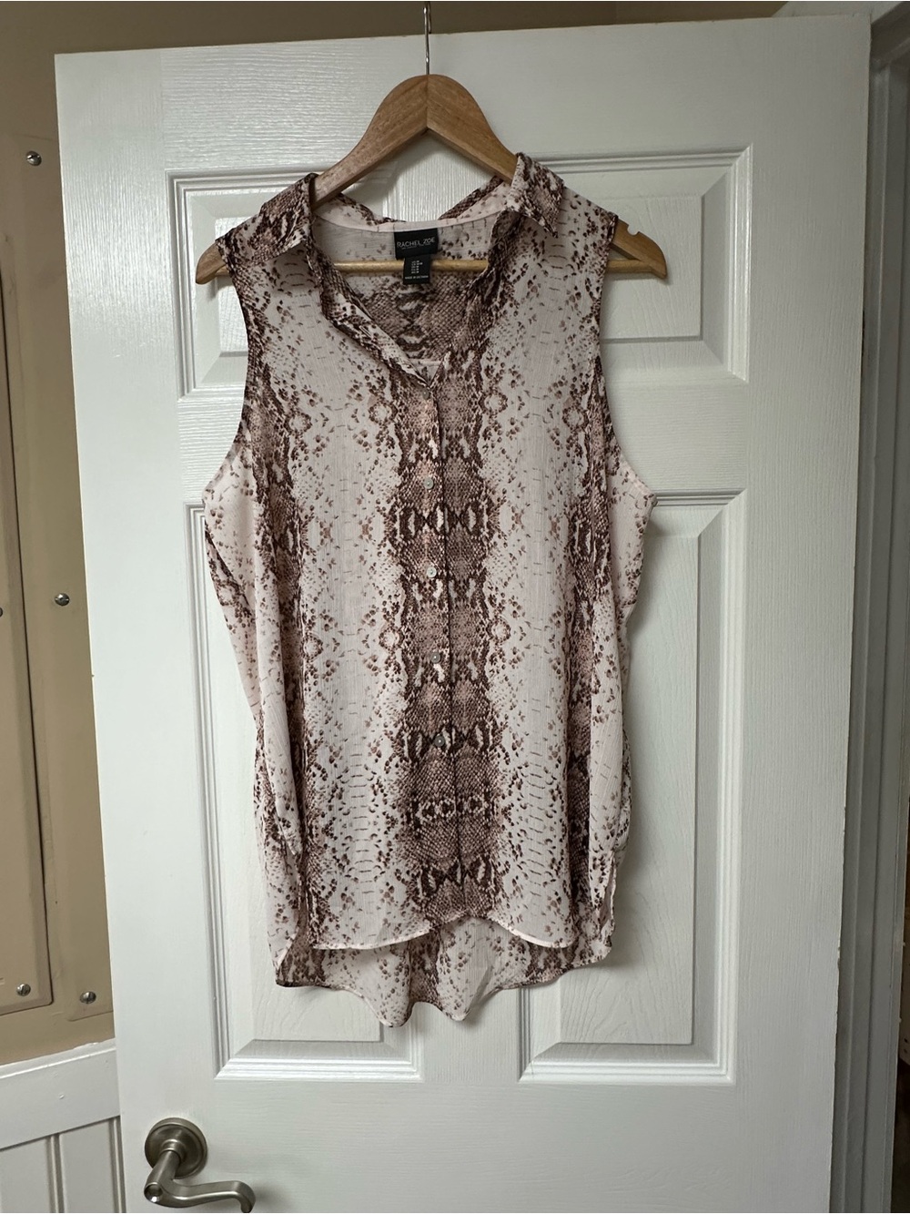 Monteau Snake-Print Sleeveless V-Neck Blouse in Brown and Beige